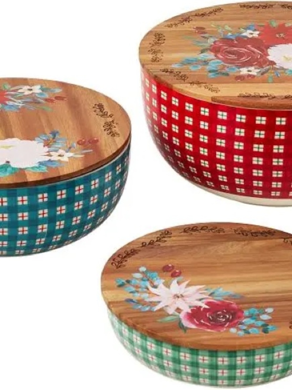 Pioneer Woman Wishful Winter Ceramic Wooden6 Piece Bowls Set